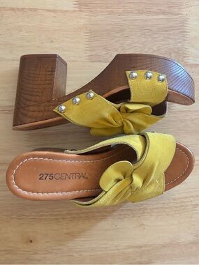 275 Central Mustard Suede Knot Mules with Wood Block Heel